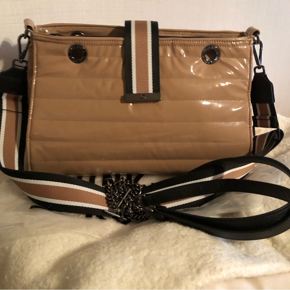 Think Royln Patent Bag in a Neutral Beige w 2 removable straps!